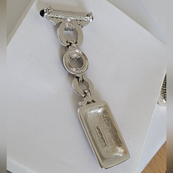 Vintage Art Deco Boho Silver Tone Drop Black Enamel Clear Rhinestone Brooch - Picture 5 of 10